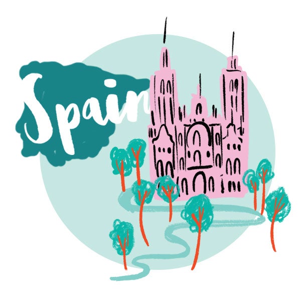 An illustration of Spain and an ornate church. An illustration of Spain and an ornate church.