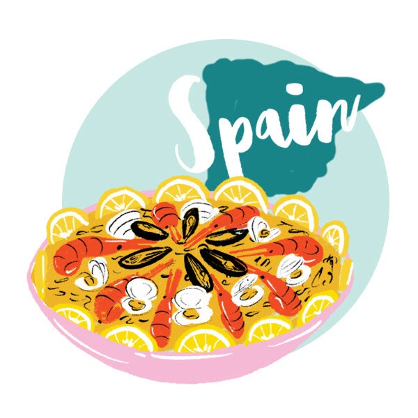 An illustration of Spain and a plate of food. An illustration of Spain and a plate of food.