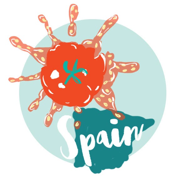 An illustration of Spain and a crushed tomato. An illustration of Spain and a crushed tomato.