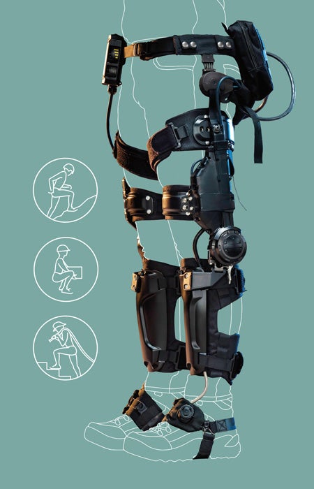 The Lockheed Martin Onyx suit with icons of someone climbing, squatting and carrying items.