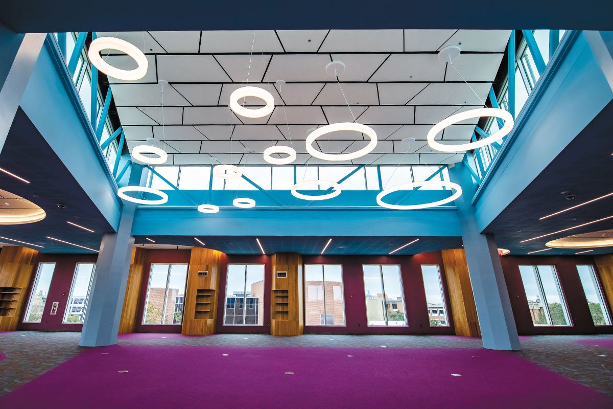 Circular lighting fixtures hang above purple carpet in a study room filled with large windows.