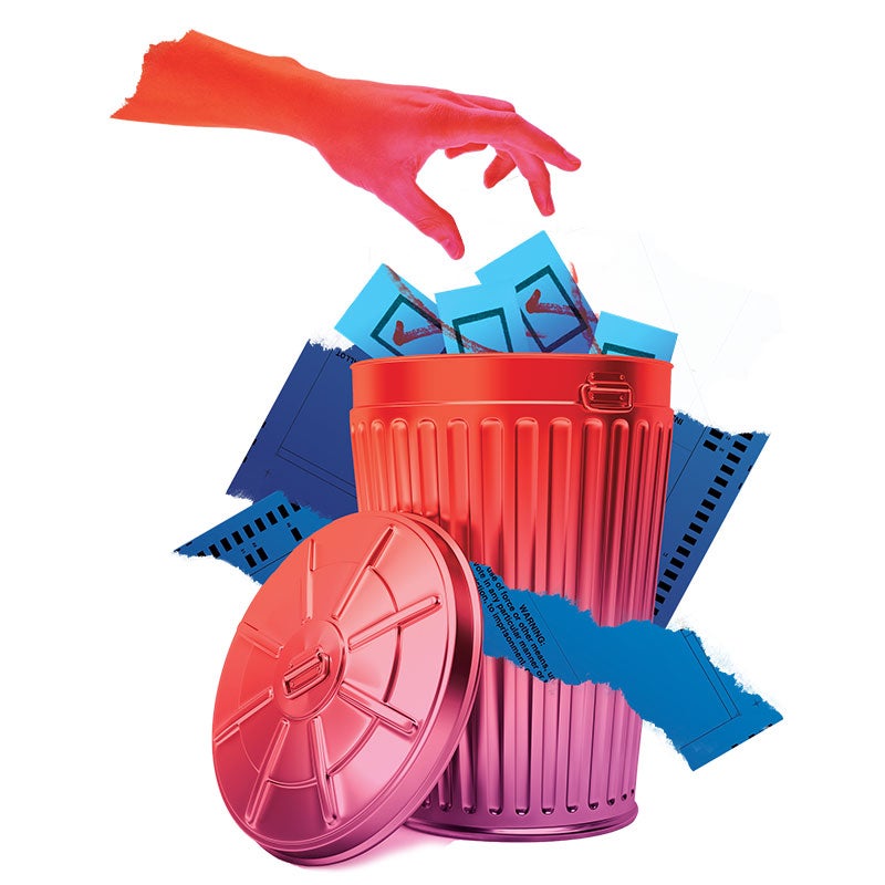 A collage of a trashcan and voting ballots. A collage of a trashcan and voting ballots.
