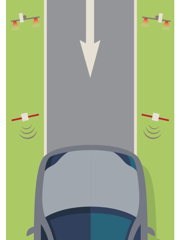 An illustration of a car driving in the wrong direction and red lights flashing