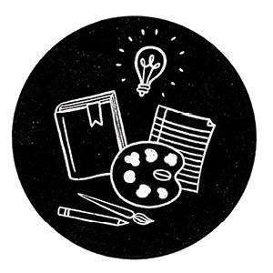 An illustration of a lightbulb, painters palette, paintbrush, book, paper, and pencil