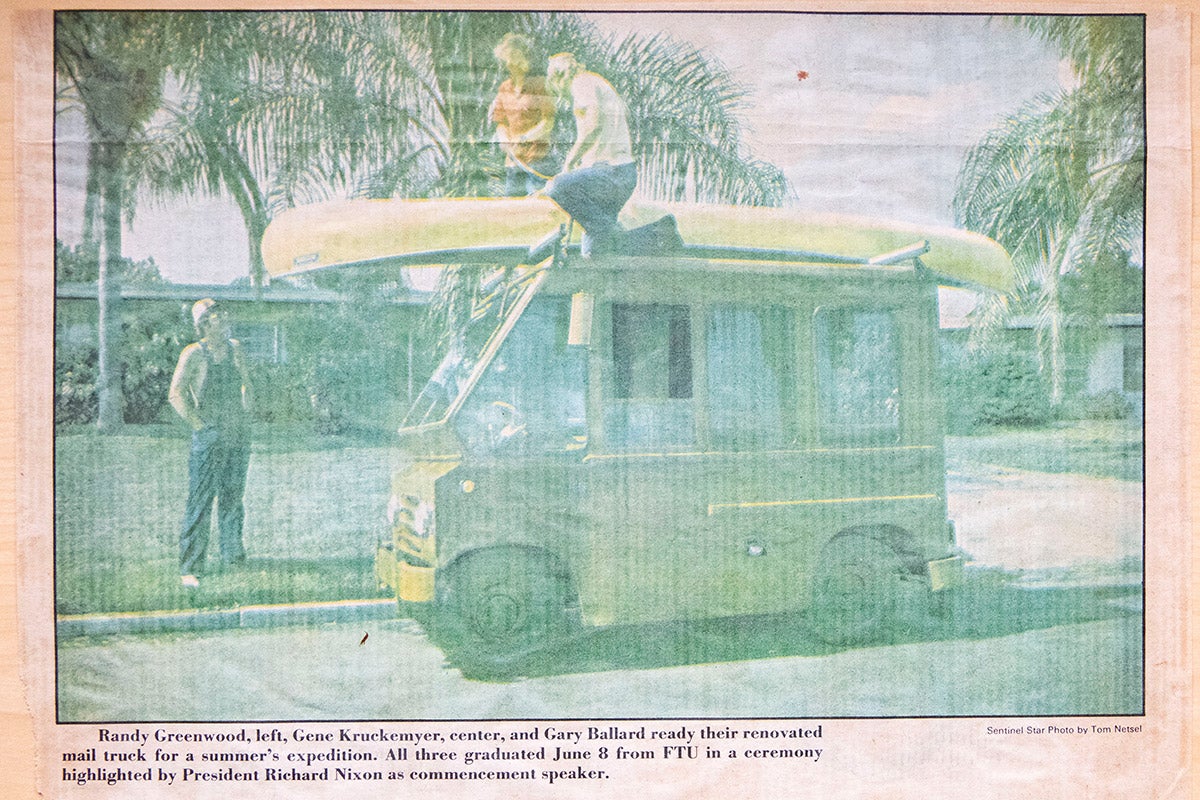 </p>
<div>An <em>Orlando Sentinel </em>news clipping that featured Kruckemyer and two fellow Knights who traveled the country in a renovated mail truck for a summer.</div>
<p>
