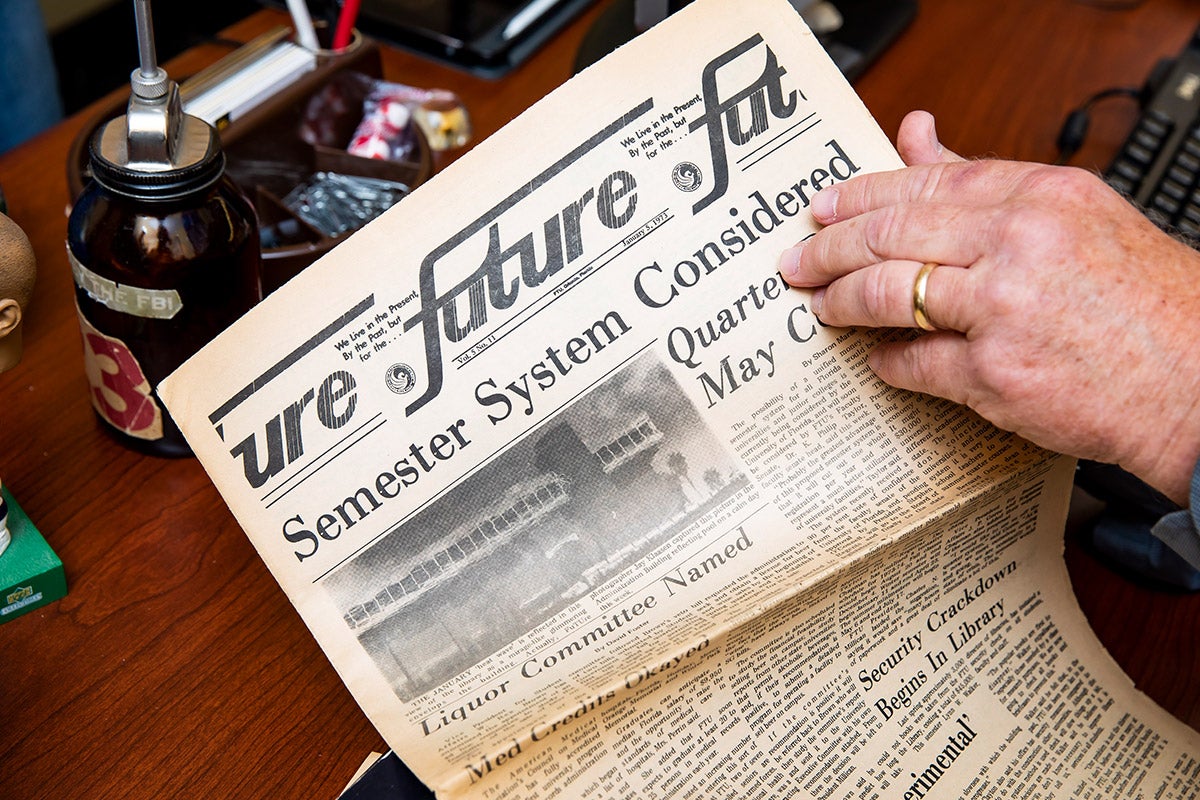 An old issue of the student-run campus newspaper, the Future, which published for 48 years until 2016.