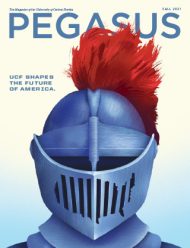A magazine cover with a Knight in a suit of armor with the shape of the continental United States on it. The words "Pegasus. UCF shapes the future of America." also appear on the cover