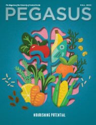 The Fall 2022 Pegasus cover with an illustration go a brain cutout made up of foods