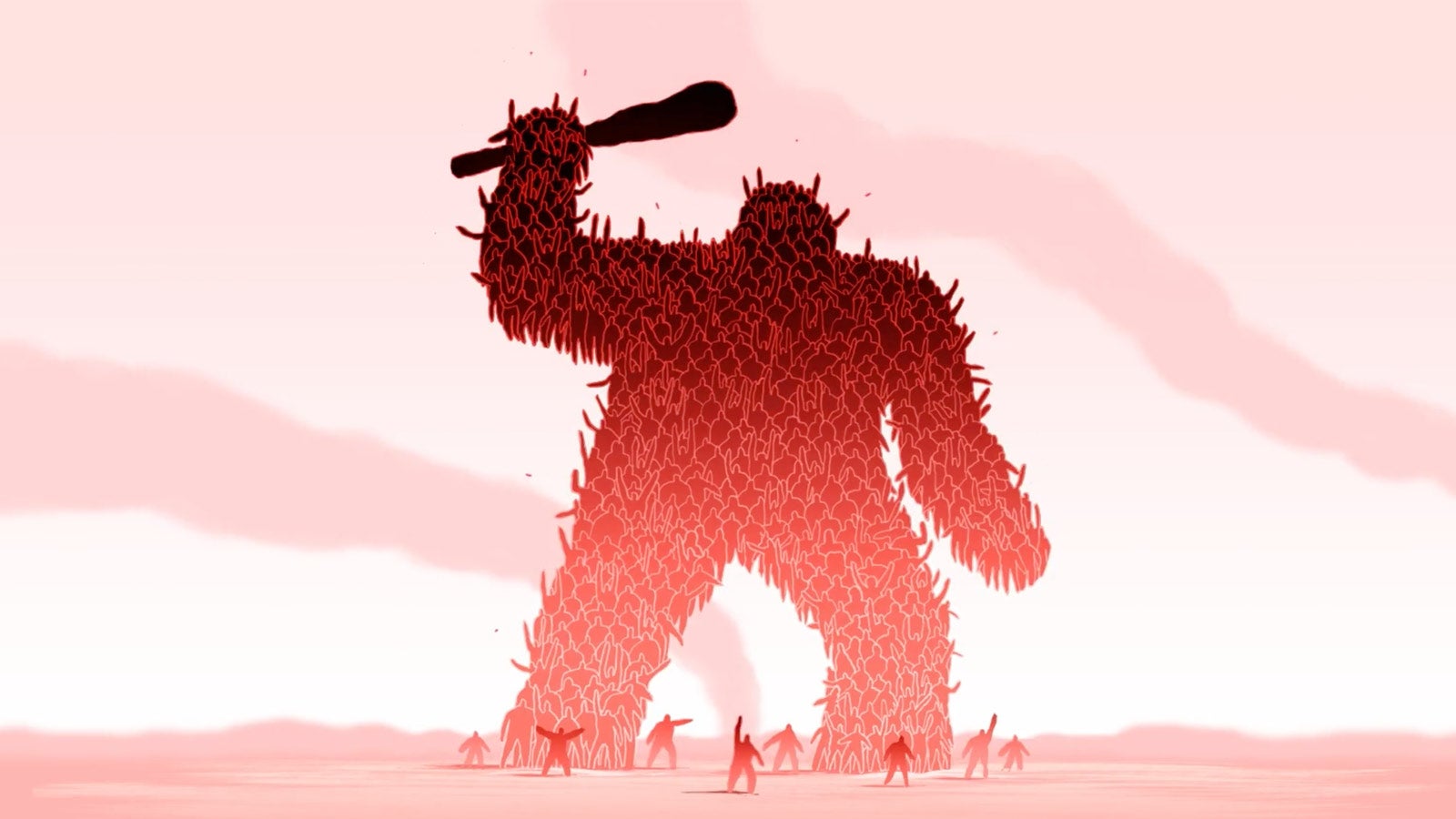 A large, red, angry monster made up of a community of people.