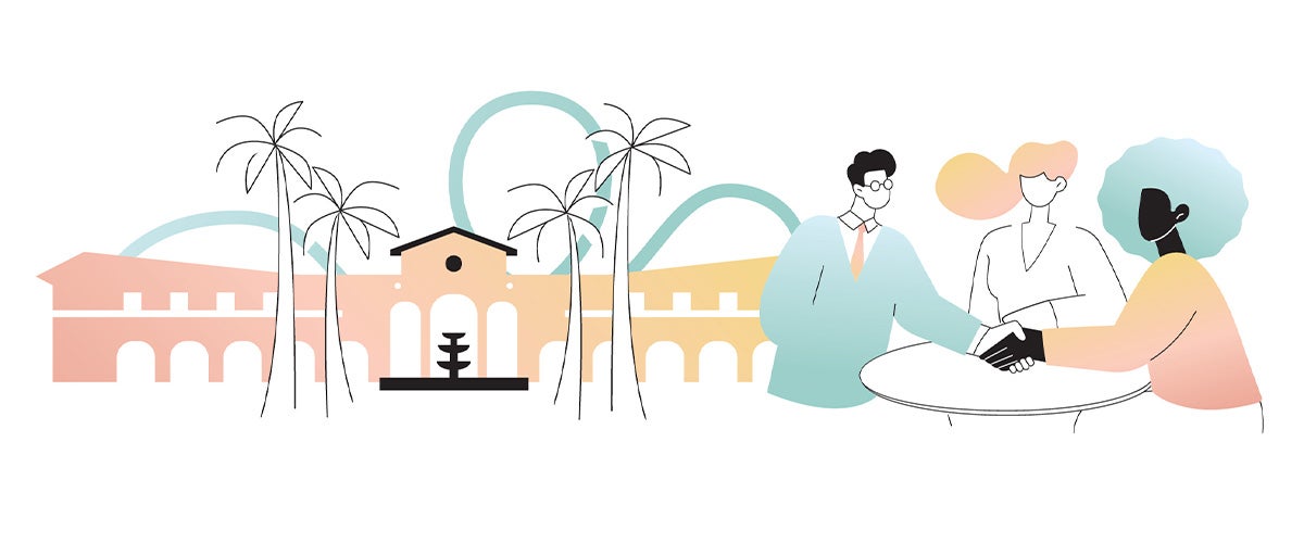 A clean illustration of Rosen College of Hospitality Management with a group of people.