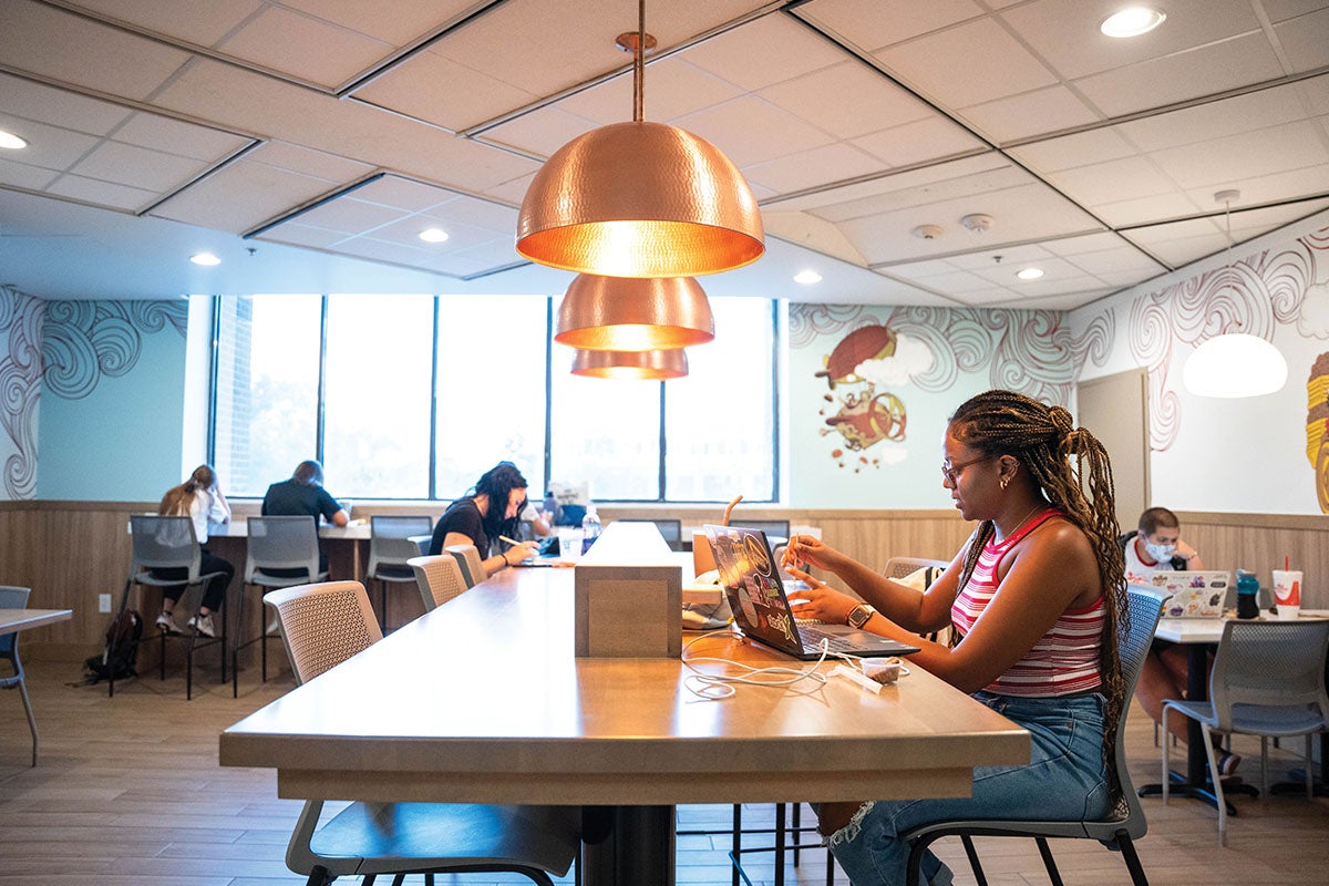 Students studying and at a cafe.