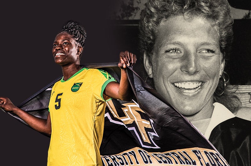 A collage of Konya Plummer holding a UCF flag and a black and white photo of Michelle Akers