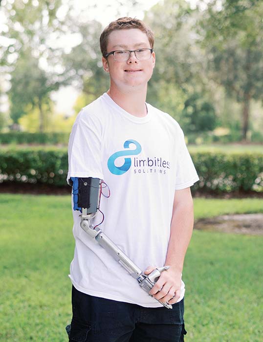 Alex Print wearing a Limbitless Solutions shirt and bionic arm