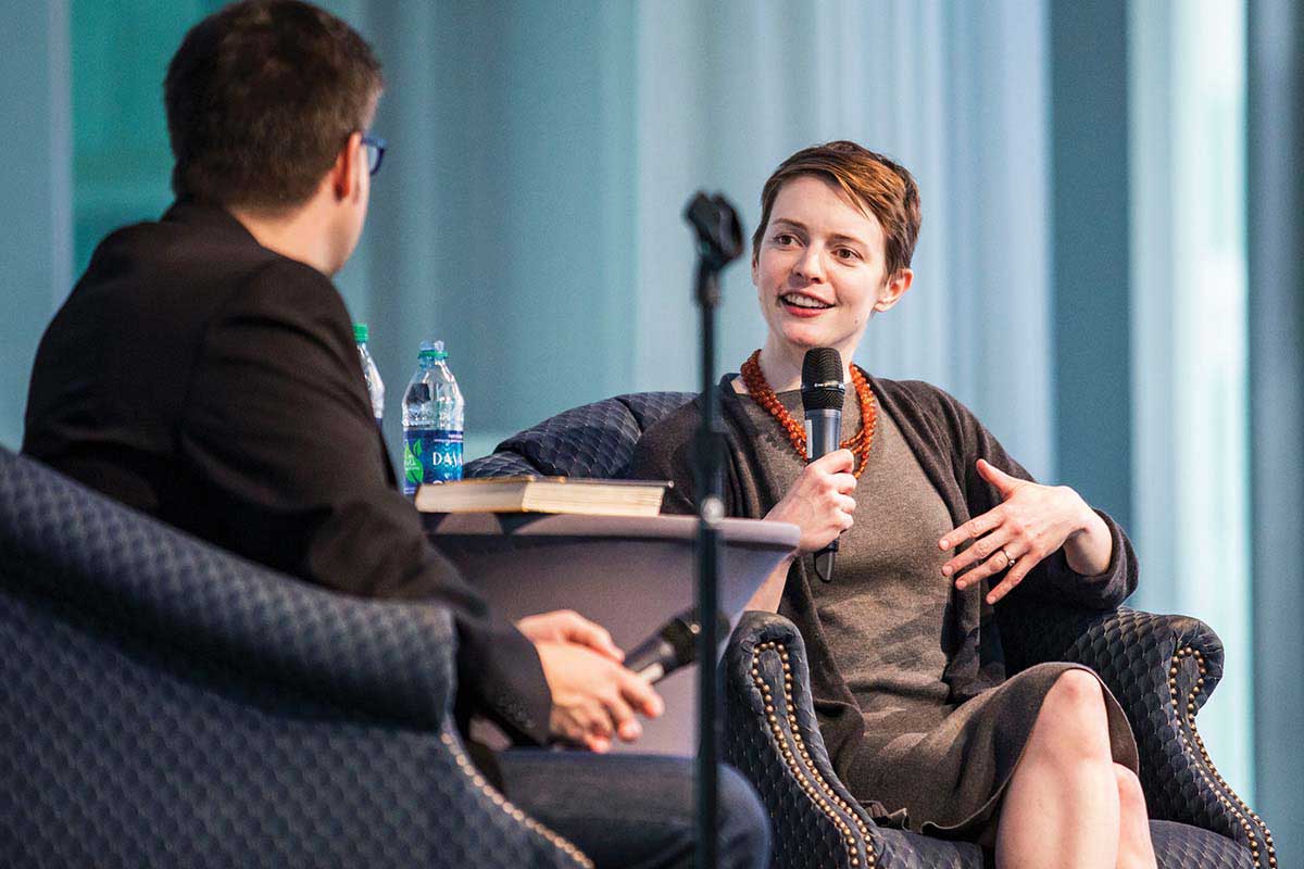 Emily St. John Mandel sits across from David James Poissant discussing her book during UCF Celebrates the Arts