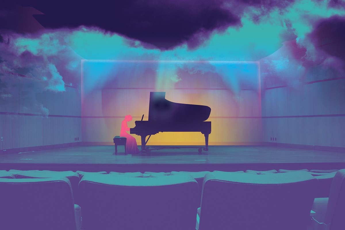 A conceptual illustration of the Virtual Concert Hall where musicians can perform in front of a virtual audience.