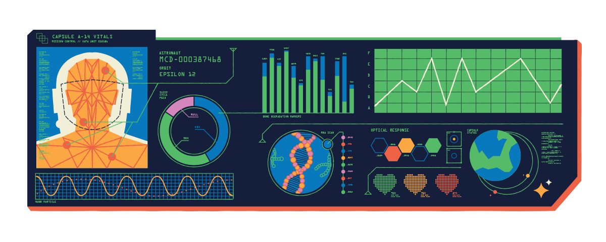 An illustration of human vitals like bone degredation, optical response, RNA scans and more being tracked under a space suit.