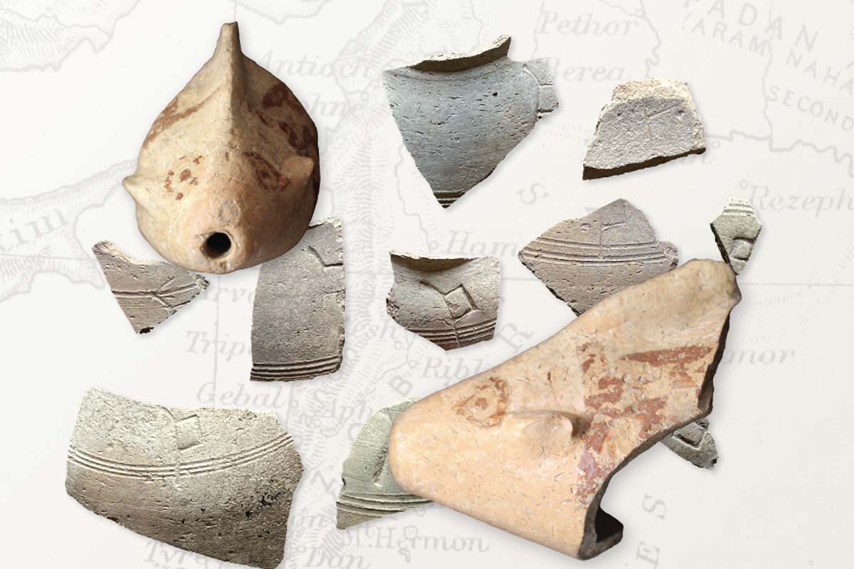 A collage of pieces of pottery over a map