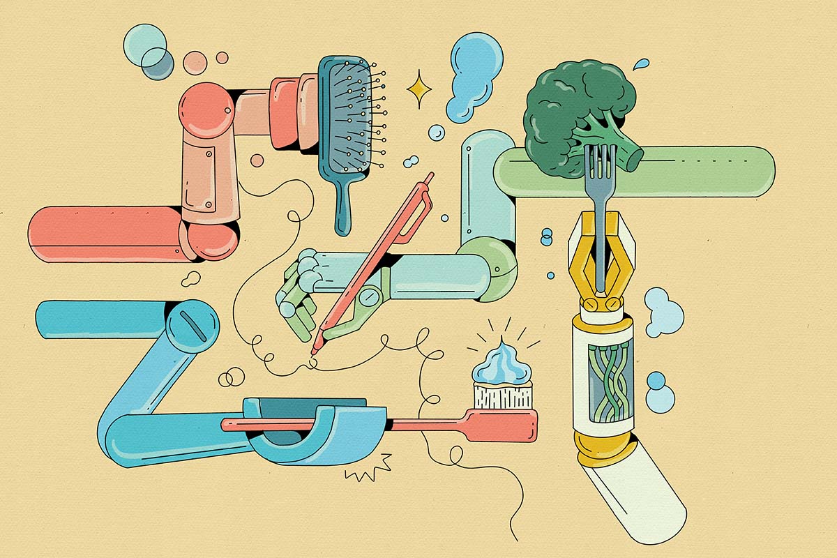 A illustrated collage of robotic arms holding items such as a fork with a piece of broccoli, a hairbrush, a pencil and a toothbrush