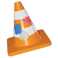 A traffic cone with stickers