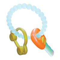 A baby teething toy shaped like a car and car keys
