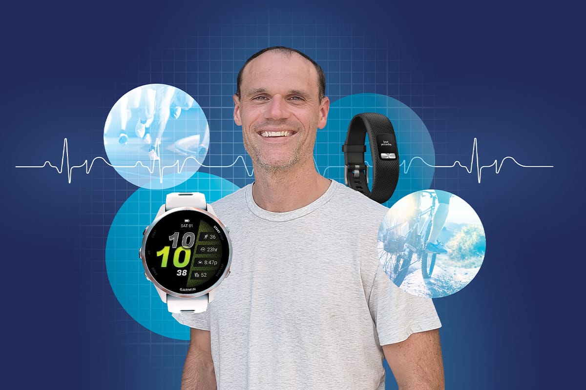 A collage featuring Jonathan Huebner, Garmin Engineering's team lead. Various Garmin products and activities float around him. 