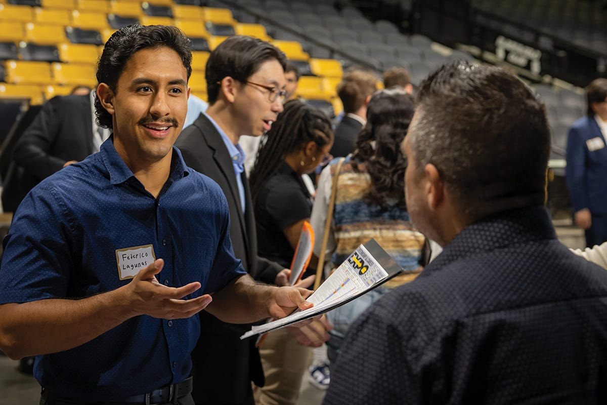 Students and alumni packed Addition Financial Arena for UCF’s Internship and Career Expo, exploring career opportunities with over 250 companies while building their professional networks.