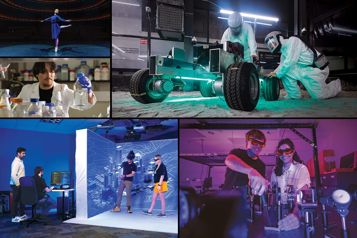 A collage of photos features students, faculty and staff using technology, lab spaces and performing creative activities.