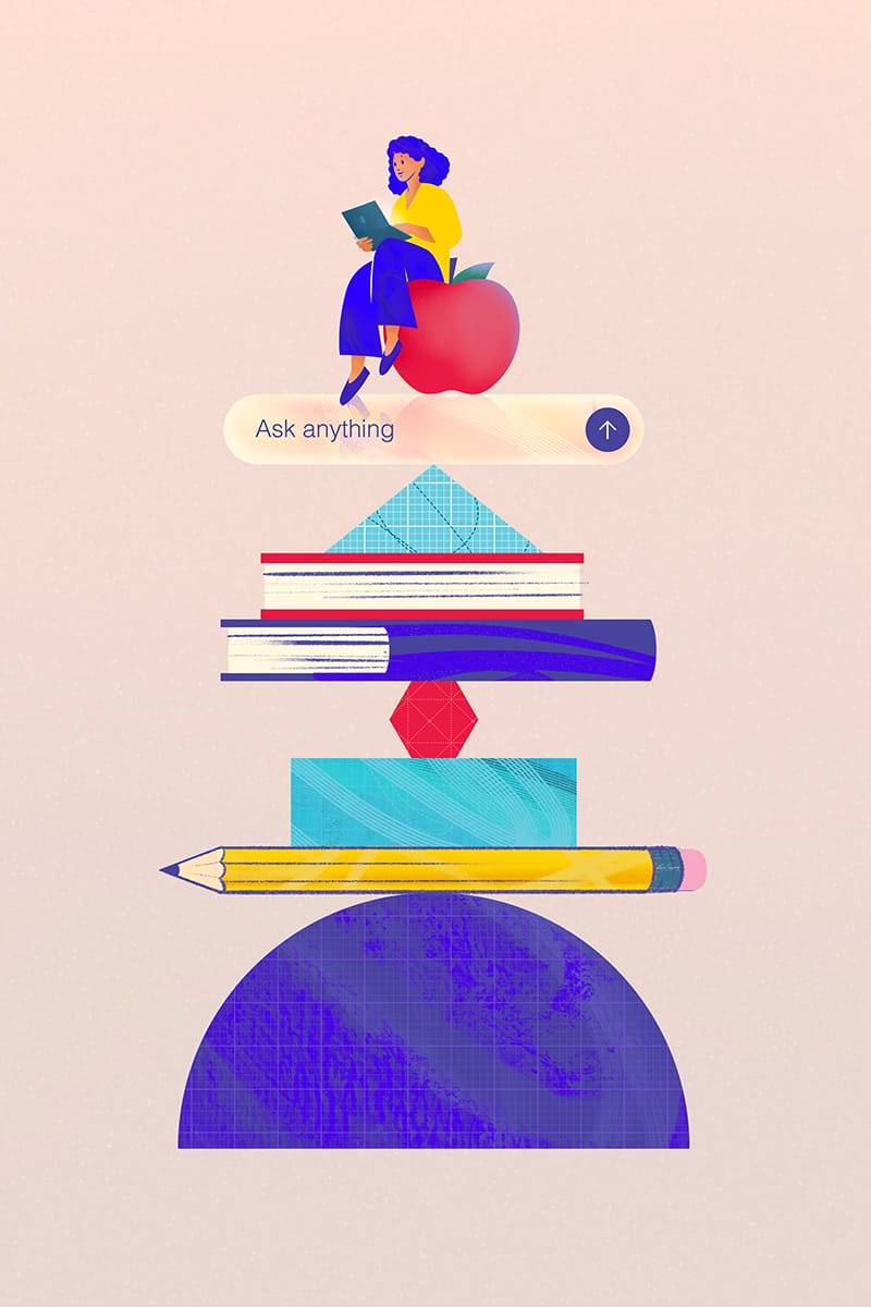 An illustration representing a teacher. She is sitting on an apple that is balanced by an AI prompt box, books, a pencil and various shapes.