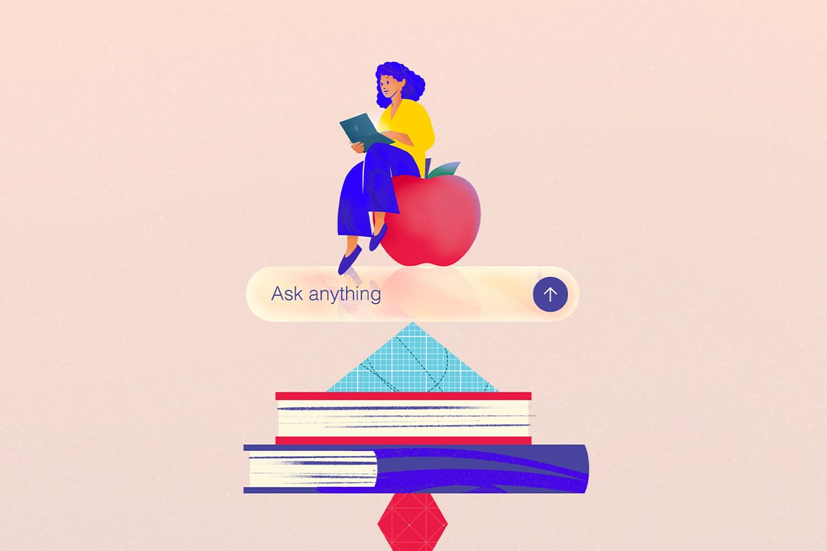 An illustration representing a teacher. She is sitting on an apple that is balanced by an AI prompt box, books, a pencil and various shapes.