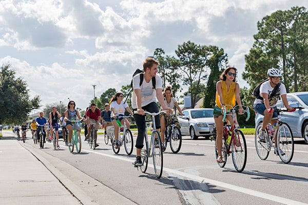 Students riding bikes